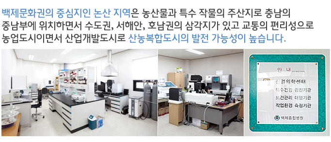 백제문화권의 중심지인 논산 지역은 농산물과 특수 작물의 주산지로 충남의 중남부에 위치하면서 수도권, 서해안, 호남권의 삼각지가 있고 교통의 편리성으로 농업도시이면서 산업개발도시로 산농복합도시의 발전 가능성이 높습니다.